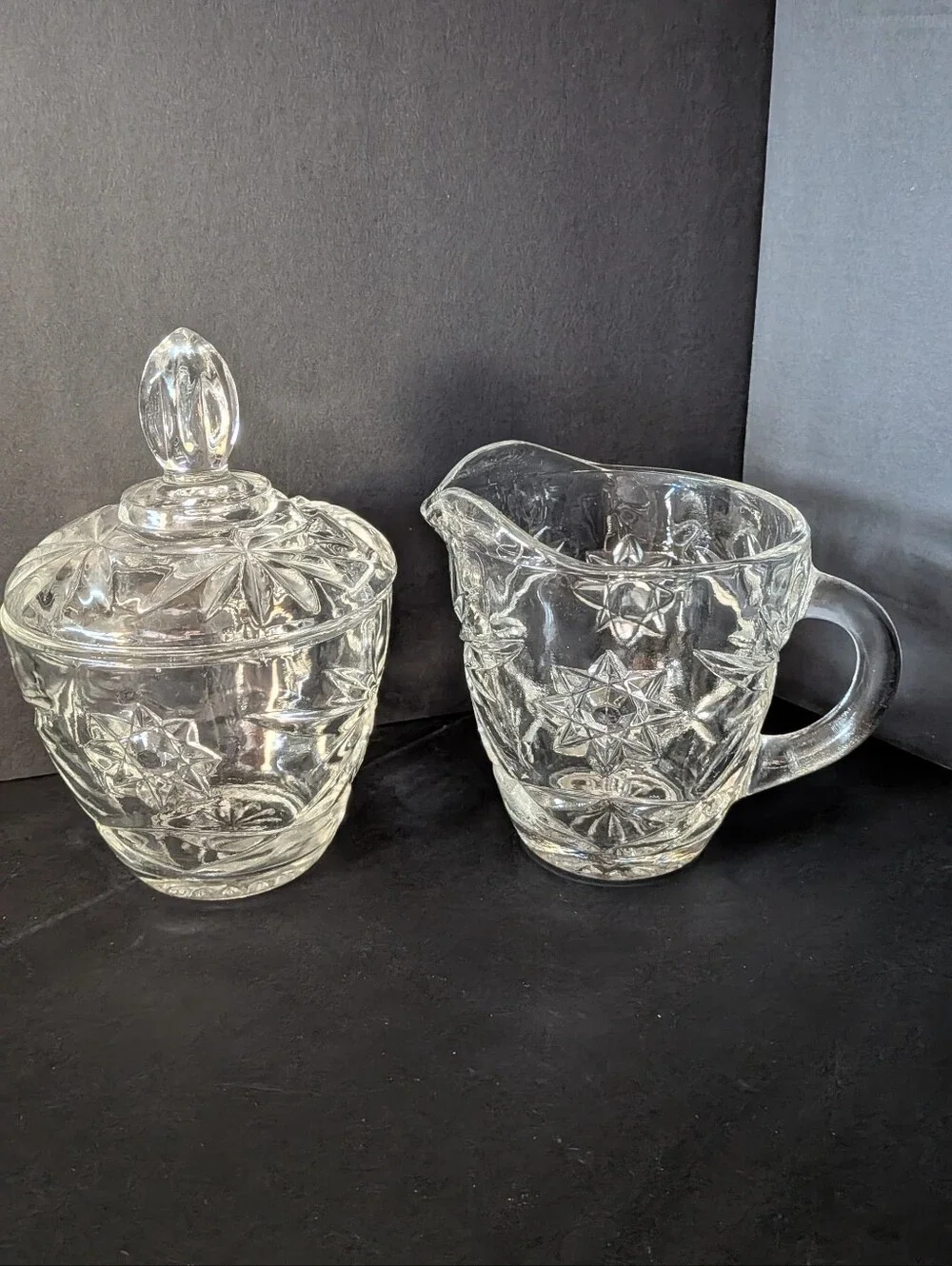 VTG MCM Anchor Hocking Cream And Sugar Pressed Glass Set Prescut Star Of David